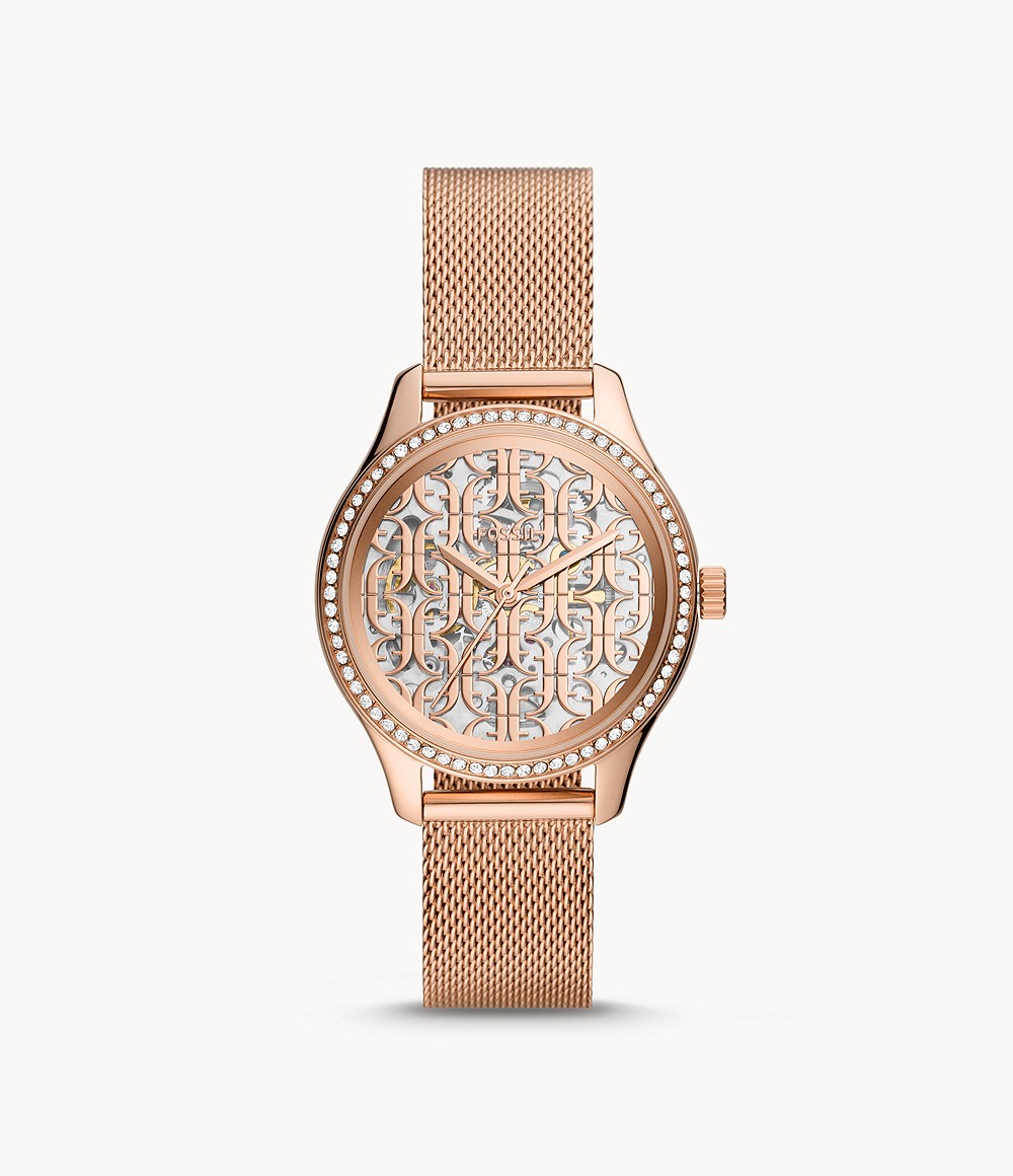 Fossil Women's Rye Automatic Rose Gold-Tone Stainless Steel Mesh Watch BQ3713